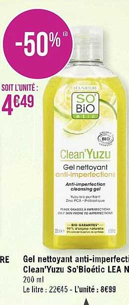 gel nettoyant anti-imperfection clean'yuzu so'bio étic lea nature