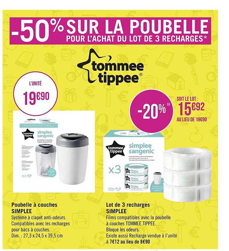 poubelle à couches simplee tommee tippee, lot de 3 recharges simplee tommee tippee