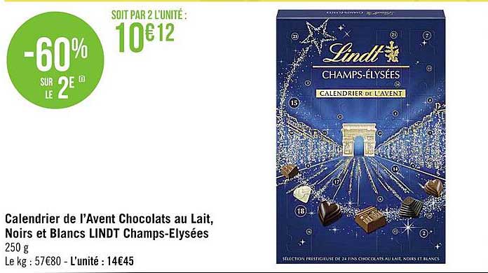 calendrier de l'avent chocolats au lait, noirs et blancs lindt champs-elysées