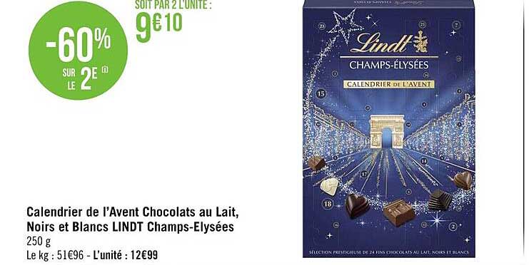 calendrier de l'avent chocolats au lait, noirs et blancs lindt champs-elysées