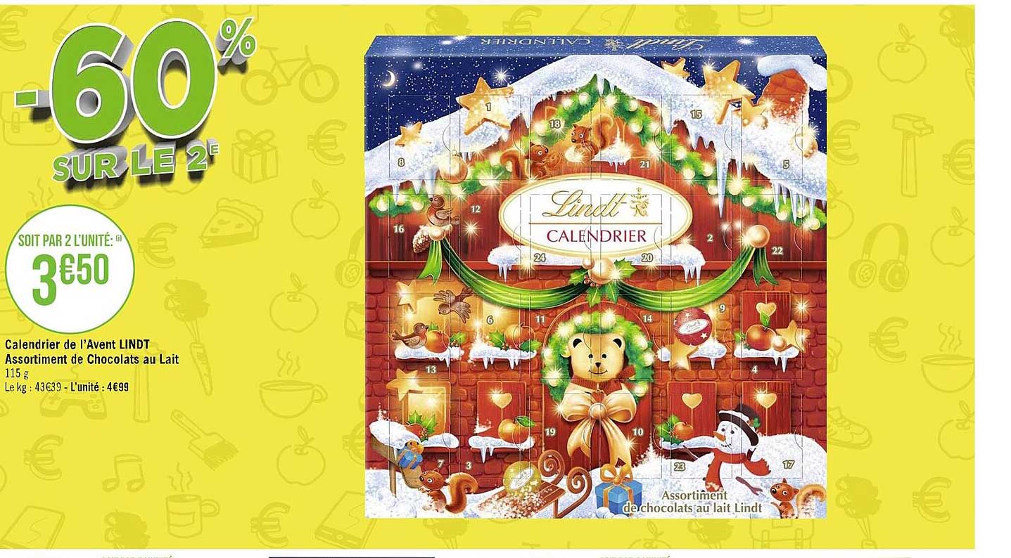 calendrier de l'avent lindt assortiment de chocolats au lait