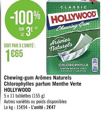 chewing-gum arômes naturels chlorophylles parfum menthe verte hollywood