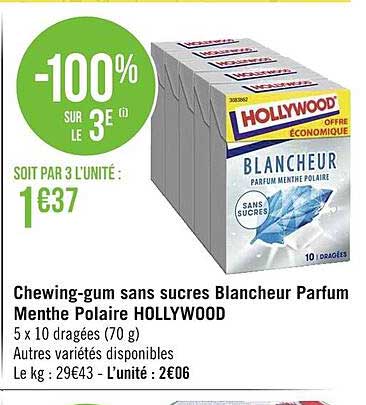 chewing-gum sans sucres blancheur parfum menthe polaire hollywood