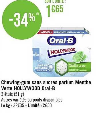 chewing-gum sans sucres parfum menthe verte hollywood oral-b