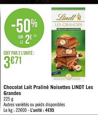 chocolat lait praliné noisettes lindt les grandes