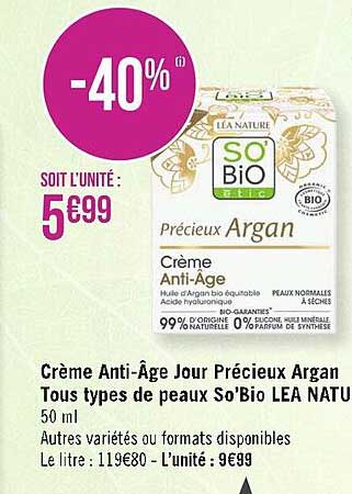 crème anti-âge jour précieux argan tous types de peaux so'bio lea nature