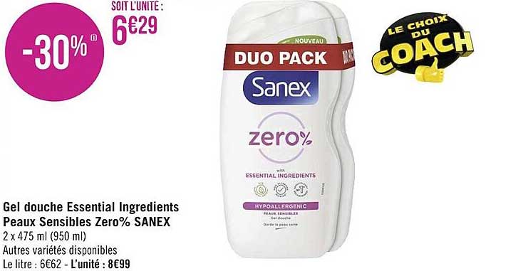 Gel Douche Essential Ingrédients Peaux Sensibles Zéro% Sanex