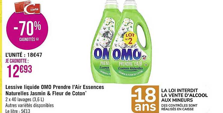 lessive liquide omo prendre l'air essences naturelles jasmin & fleur de coton