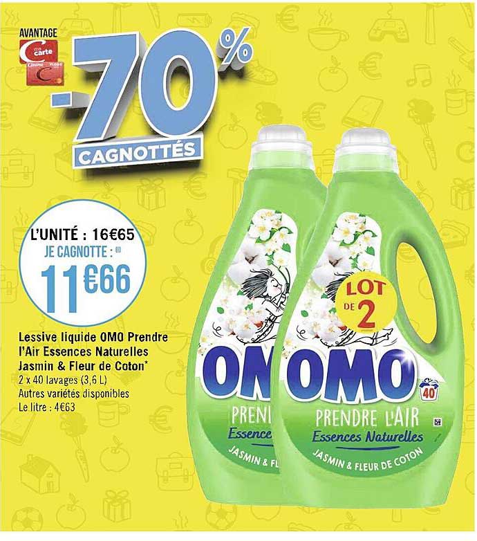 lessive liquide omo prendre l'air essences naturelles jasmin & fleur de coton