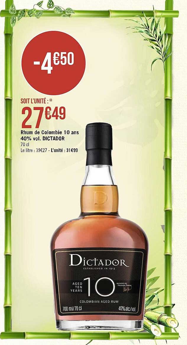 rhum de colombie 10 ans 40% vol. dictador