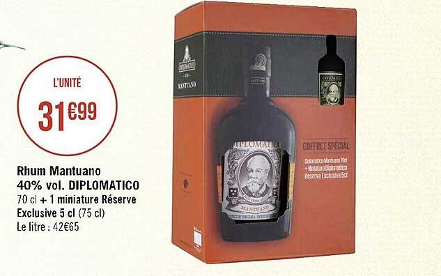 rhum mantuano 40% vol. diplomatico + 1 miniature réserva exclusive 5cl