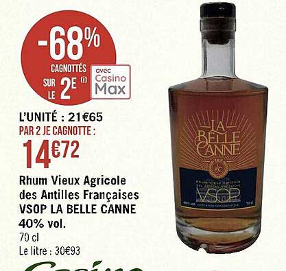 rhum vieux agricole des antilles françaises vsop la belle canne 40% vol.