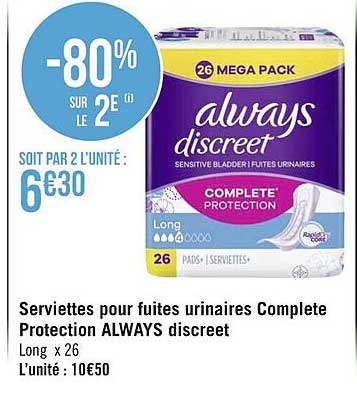 serviettes pour fuites urinaires complète protection always discreet