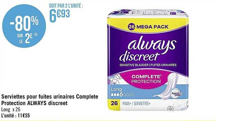 serviettes pour fuites urinaires complète protection always discreet
