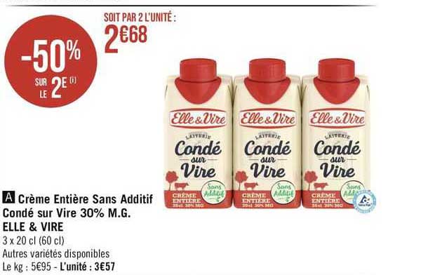crème entière sans additif condé sur vire 30% mg elle & vire