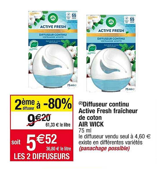 diffuseur continu active fresh fraîcheur de coton air wick