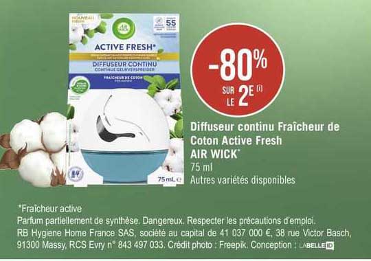 diffuseur continu fraîcheur de coton active fresh air wick