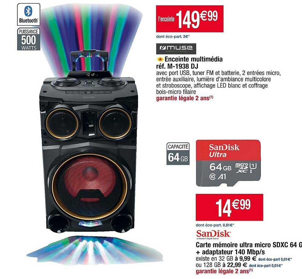 enceinte multimédia muse, carte mémoire ultra micro sdxc 65 gb + adaptateur 140 mbp/s sandisck