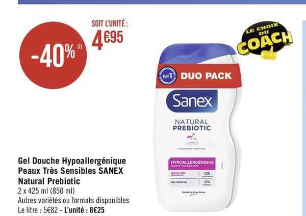 gel douche hypoallergénique peaux très sensibles sanex natural prebiotic