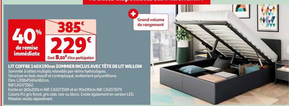 lit coffre 140x190cm sommier inclus avec tête de lit willow