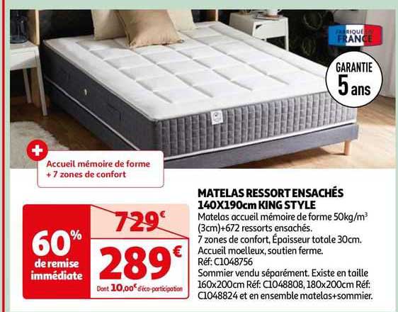 matelas ressort ensachés 140x190cm king style