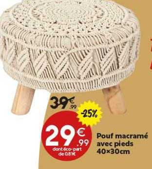 Pouf Macramé Avec Pieds 40 X 30 Cm