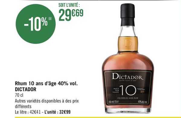 rhum 10 ans d'âge 40% vol dictador