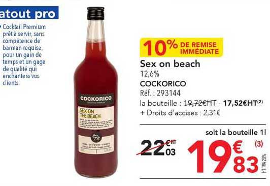 sex on beach 12.6% cockorico 10% de remise immédiate