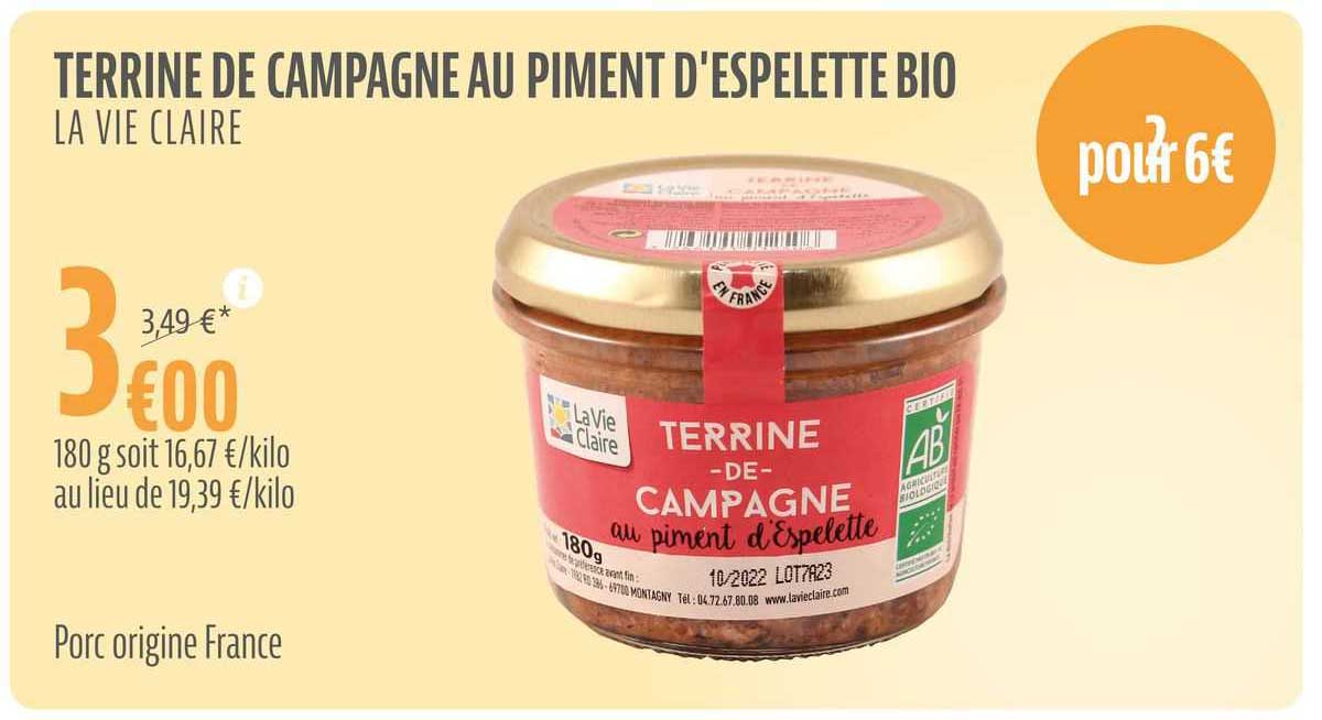 terrine de campagne au piment d'espelette bio la vie claire