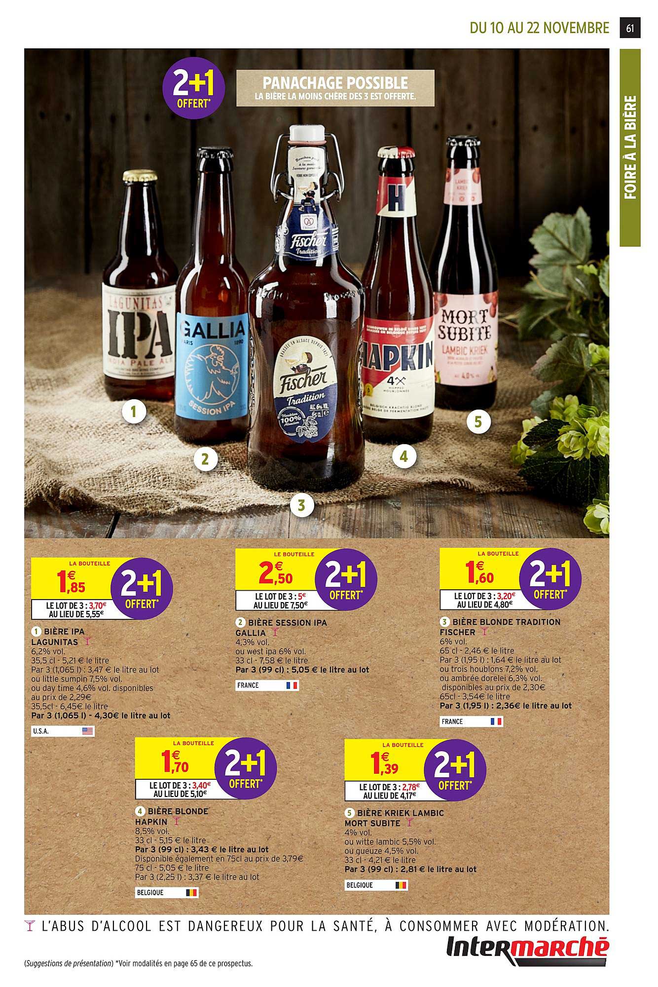 bière ipa lagunitas, bière session ipa gallia, bière blonde tradition fischer, bière blonde hapkin, bière kriek lambic mort subite