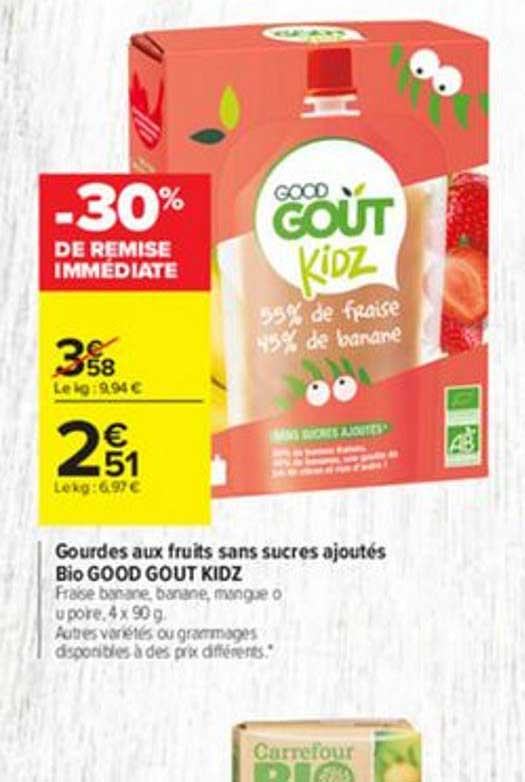 gourdes aux fruits sans sucres ajoutés bio good gout kidz -30% de remise immédiate