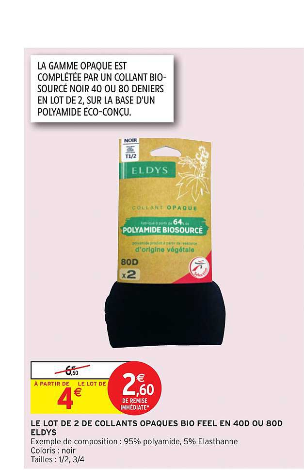 le lot de 2 de collants opaques bio feel en 40d ou 80d eldys