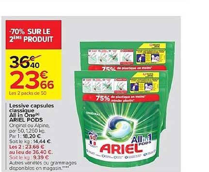 lessive capsules classique all in one ariel pods -70% sur le 2ème produit