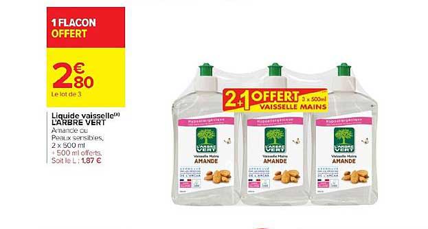 liquide vaisselle l'arbre vert 2+1 offert