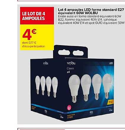 lot 4 ampoules led forme standard e27 équivalent 60w wolbu