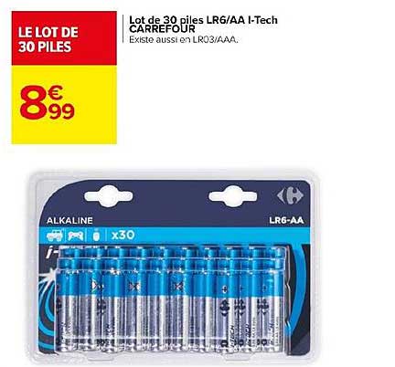 lot de 30 piles lr6 aa i tech carrefour