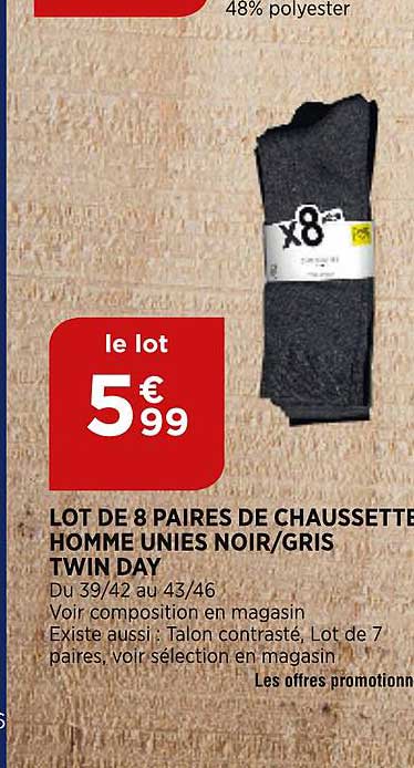 lot de 8 paires de chaussettes homme unies noir gris twin day