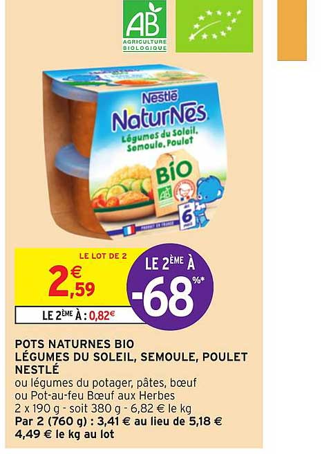 pots naturnes bio légumes du soleil, semoule, poulet nestlé