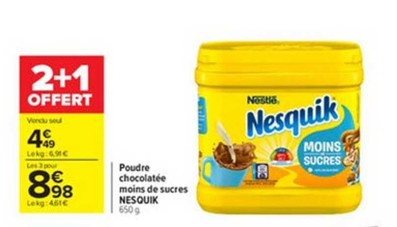 poudre chocolatée moins de sucres nesquik 2+1 offert