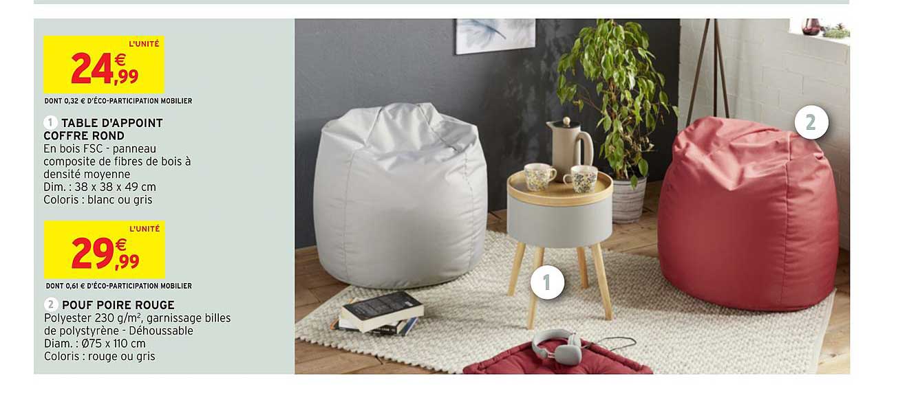 Table D'appoint Coffre Rond Pouf Poire Rouge