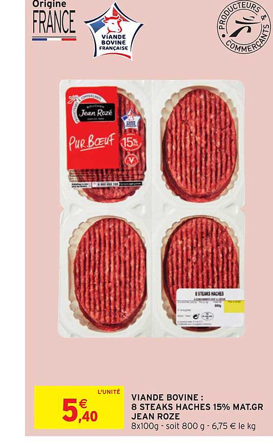 viande bovine : 8 steaks hachés 15% mat.gr jean rozé