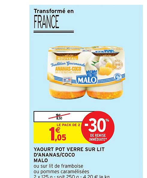 yaourt pot verre sur lit d'ananas coco malo