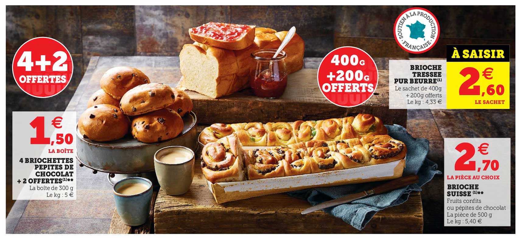 4 briochettes pépites de chocolat + 2 offertes, brioche tressée pur beurre, brioche suisse