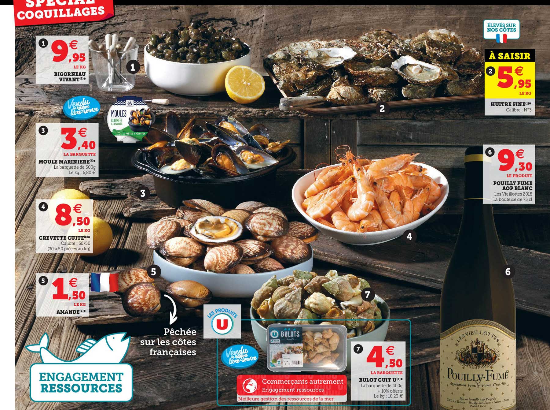 bigorneau vivant, moule marinière, crevette cuite, amande, huître fine, pouilly fumé aop blanc