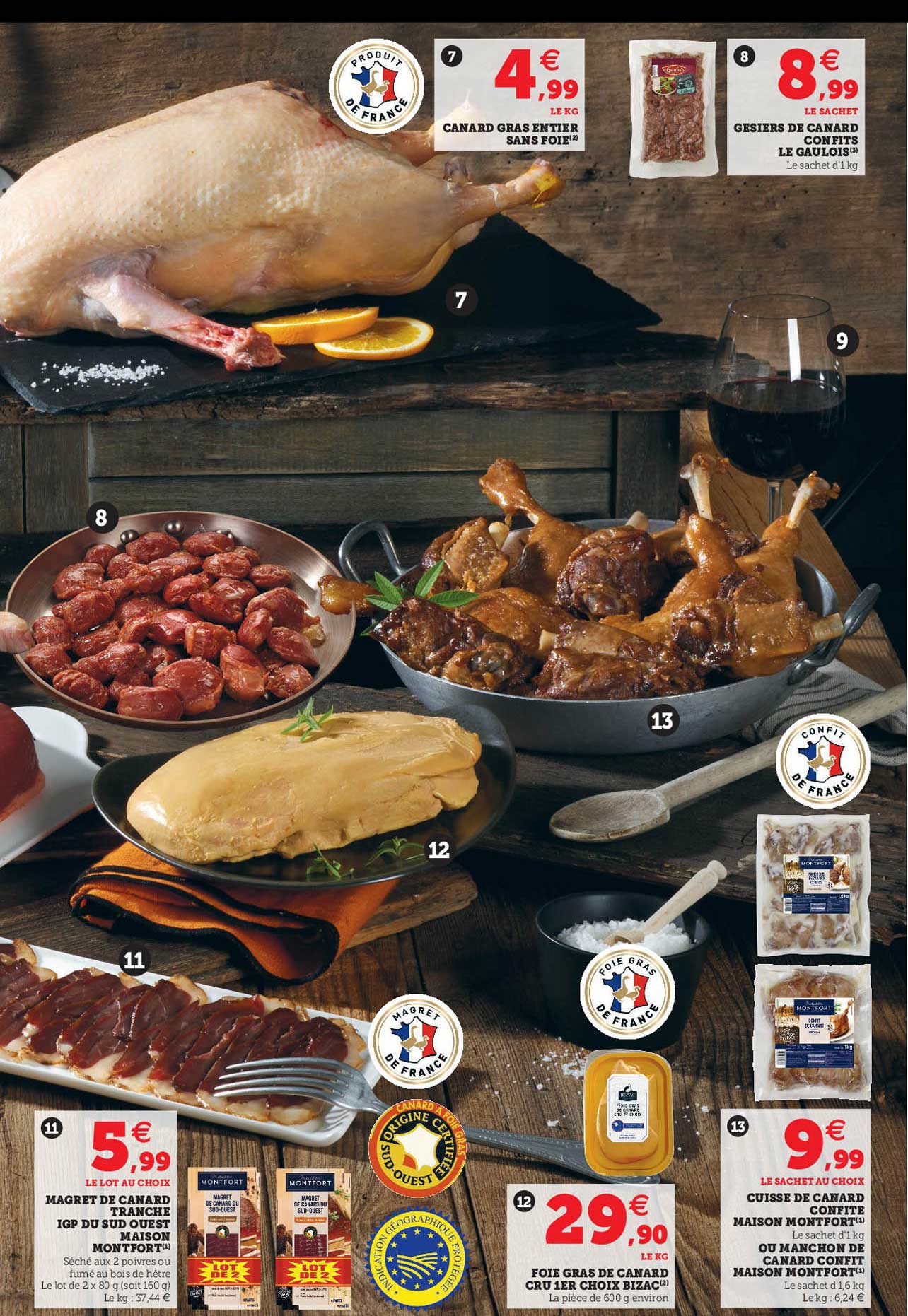 canard gras entier sans foie, gésiers de canard confits le gaulois, magret de canard tranché igp du sud ouest maison montfort, foie gras de canard cru 1er choix bizac, cuisse de canard confite