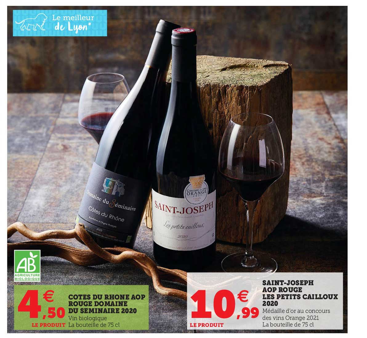 côtes du rhône aop rouge domaine du seminaire 2020, saint-joseph aop rouge les petits cailloux 2020