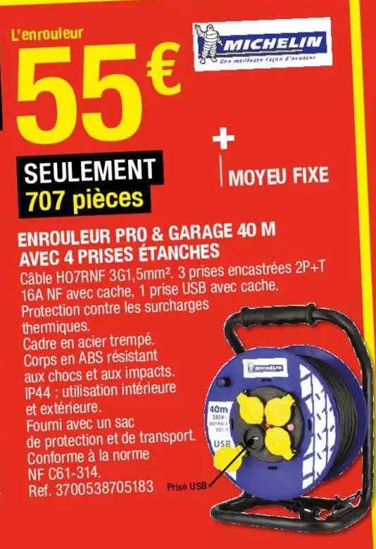 enrouleur pro & garage 40 m avec 4 prises étanches michelin
