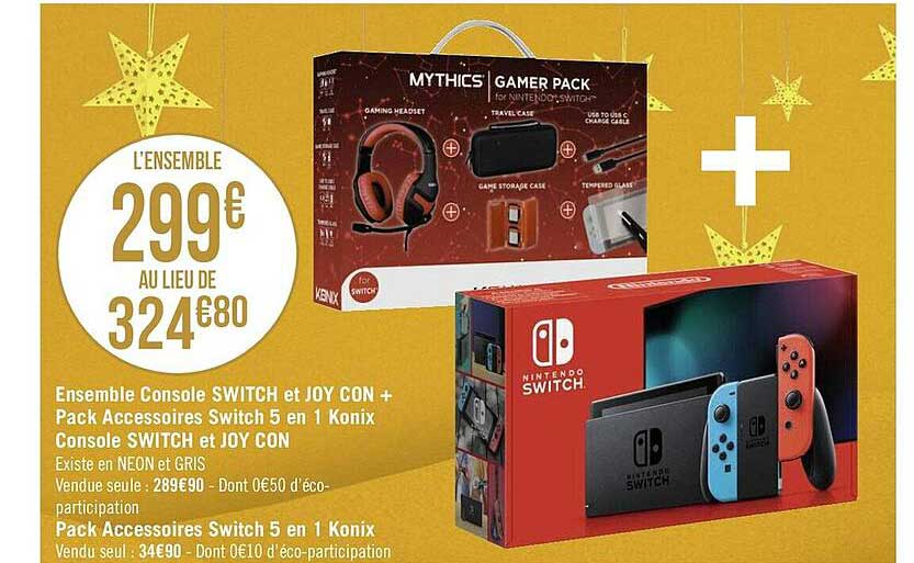 ensemble console switch et joy con + pack accessoires switch 5 en 1 konix console switch et joy con