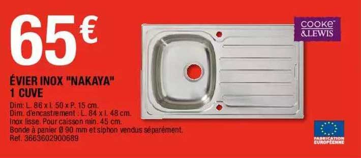 évier inox "nakaya" 1 cuve cooke & lewis