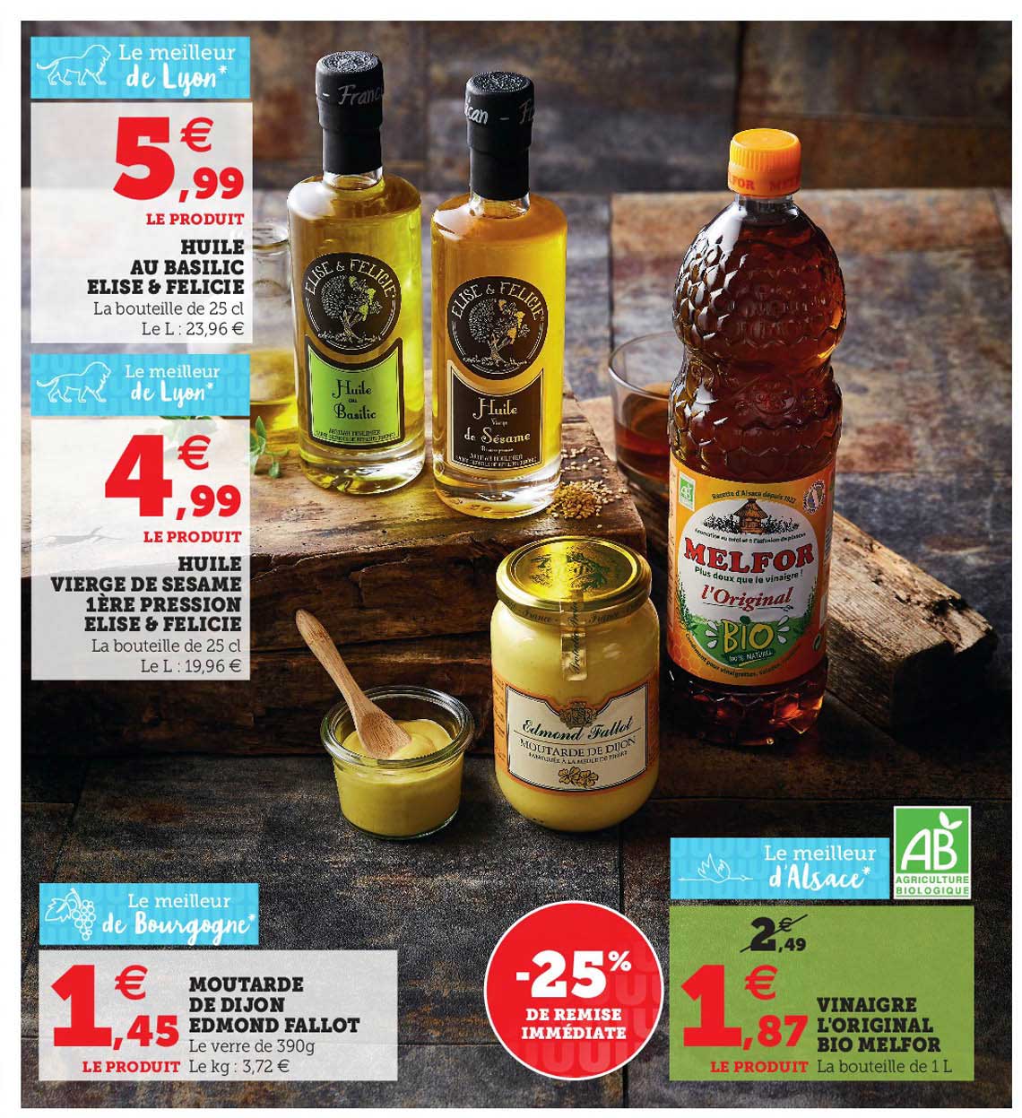huile au basilic élisé & félicie, huile vierge de sésame 1ère pression élisé & félicie, moutarde de dijon edmond fallot, vinaigre l'original bio melfor